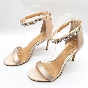 Badgley Mischka Beige Sandals with Rhinestone Ankle Strap